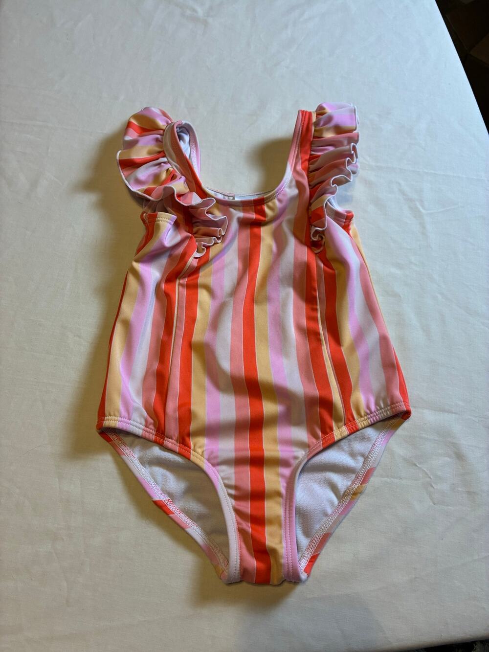 Cat & Jack 5T One Piece Swimsuit Pink Orange Stripe Ruffle Shoulder Swimwear